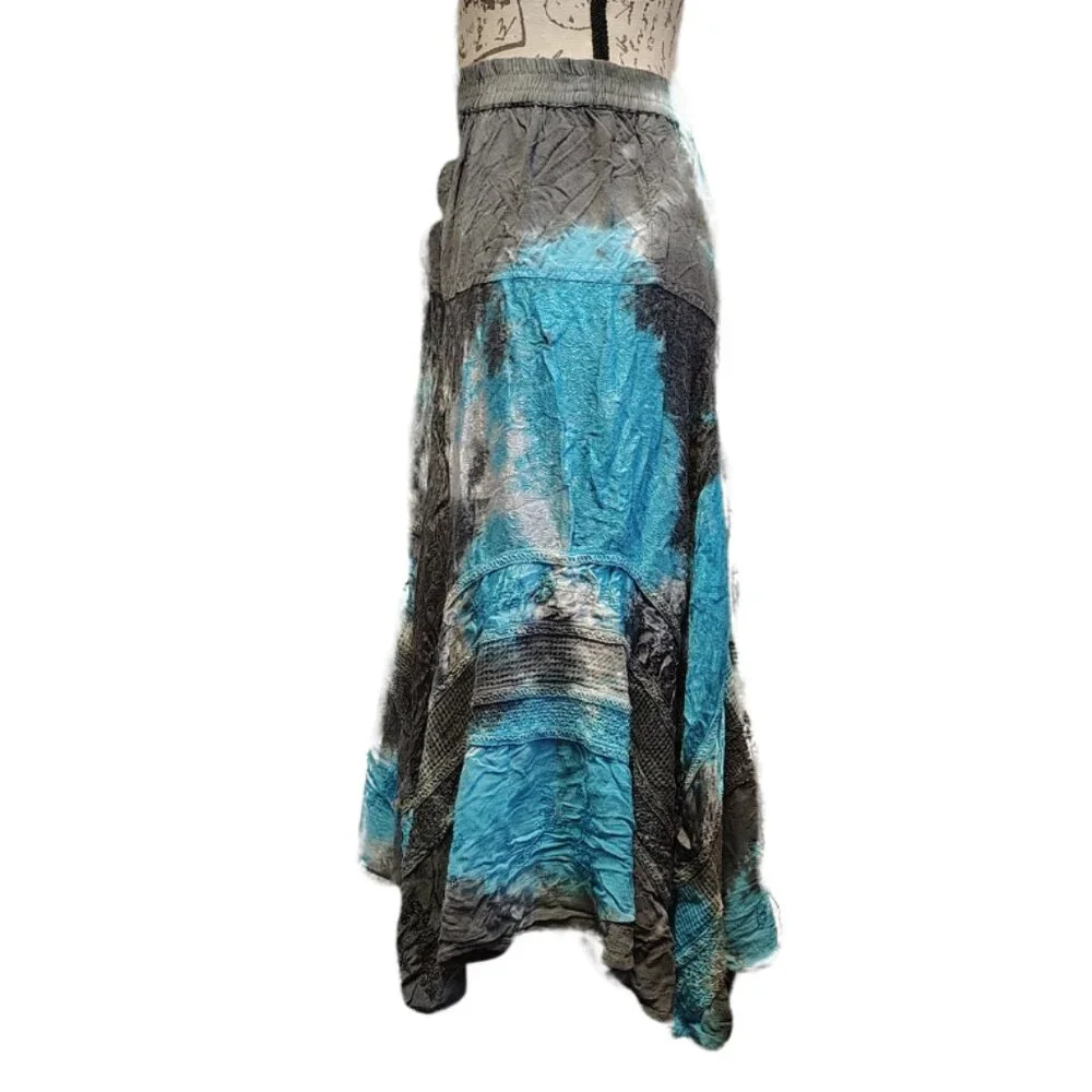 Boho‎ Tie Dye Midi Skirt Large Asymmetrical Blue Gray Hippie Flowy